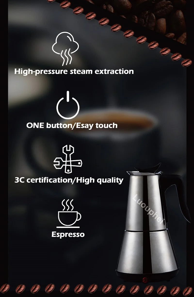 110V/220V Electric Coffee Maker 300ml 304 Stainless Steel Mocha Pot Electric Italian Coffee Maker Percolator for Home