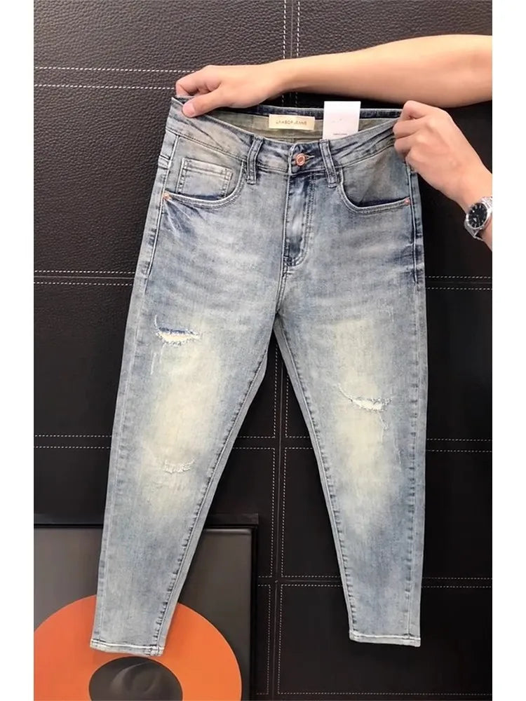 Ele Men's Jeans Casual Slim Fit Embroidered Elastic Summer New Sle Faionable Lightweight Faion Urban Youth Jeans