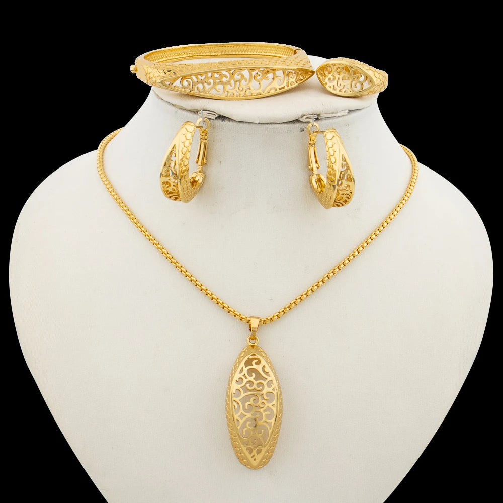 Ethiopian Color Jewelry Set for Women Hollow Out Design Copper Necklace and Earrings Bracelet Ring Set for Engagement Gifts