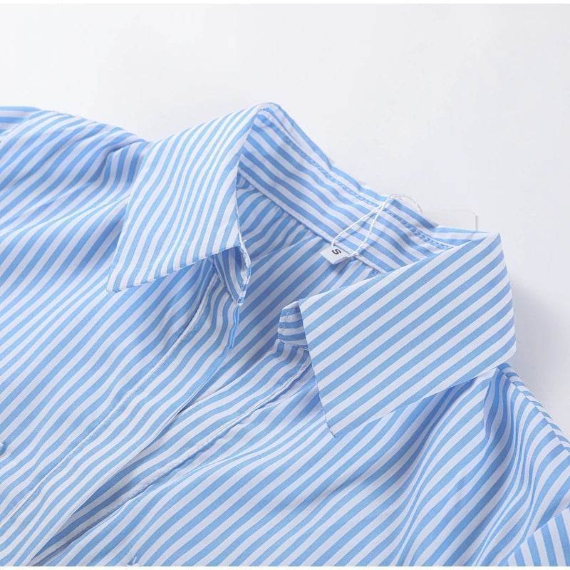 Casual Striped Women Summer Dress Lapel Single Breast Half Sleeve Slim Waist Long Dresses 2025 Autumn Lady Fashion Vacation Robe