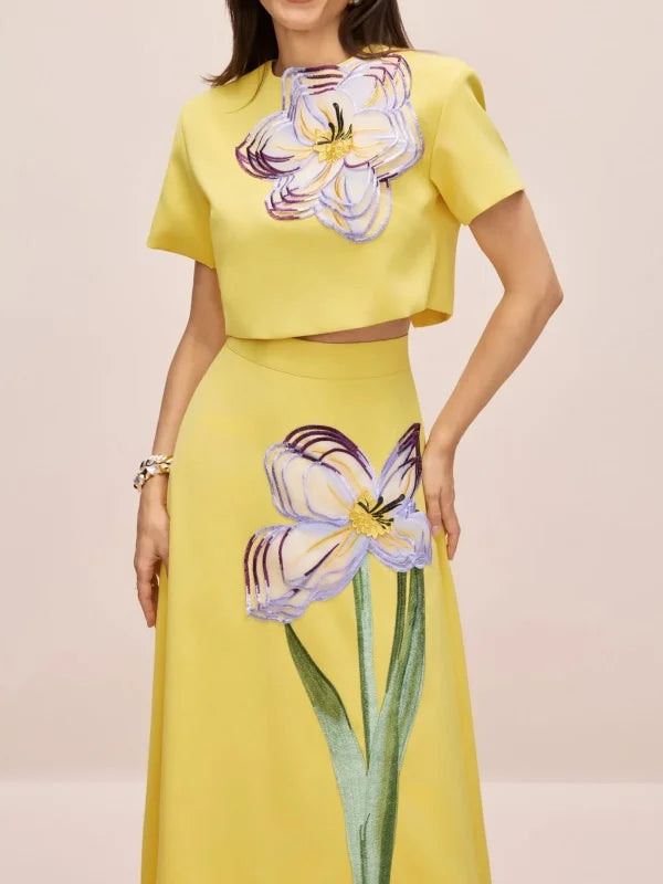 2026 Spring Fashion Women's Floral Printed Dress Sets Short Sleeves Cropped T-shirt & High Waist Pleated Skirt Casual Skirt Set