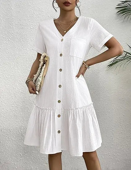 Casual Cotton Linen Summer Mini Dress For Women V-Neck Ruffles Short Sleeve Short Dress Ladies Fashion Loose Button Dresses