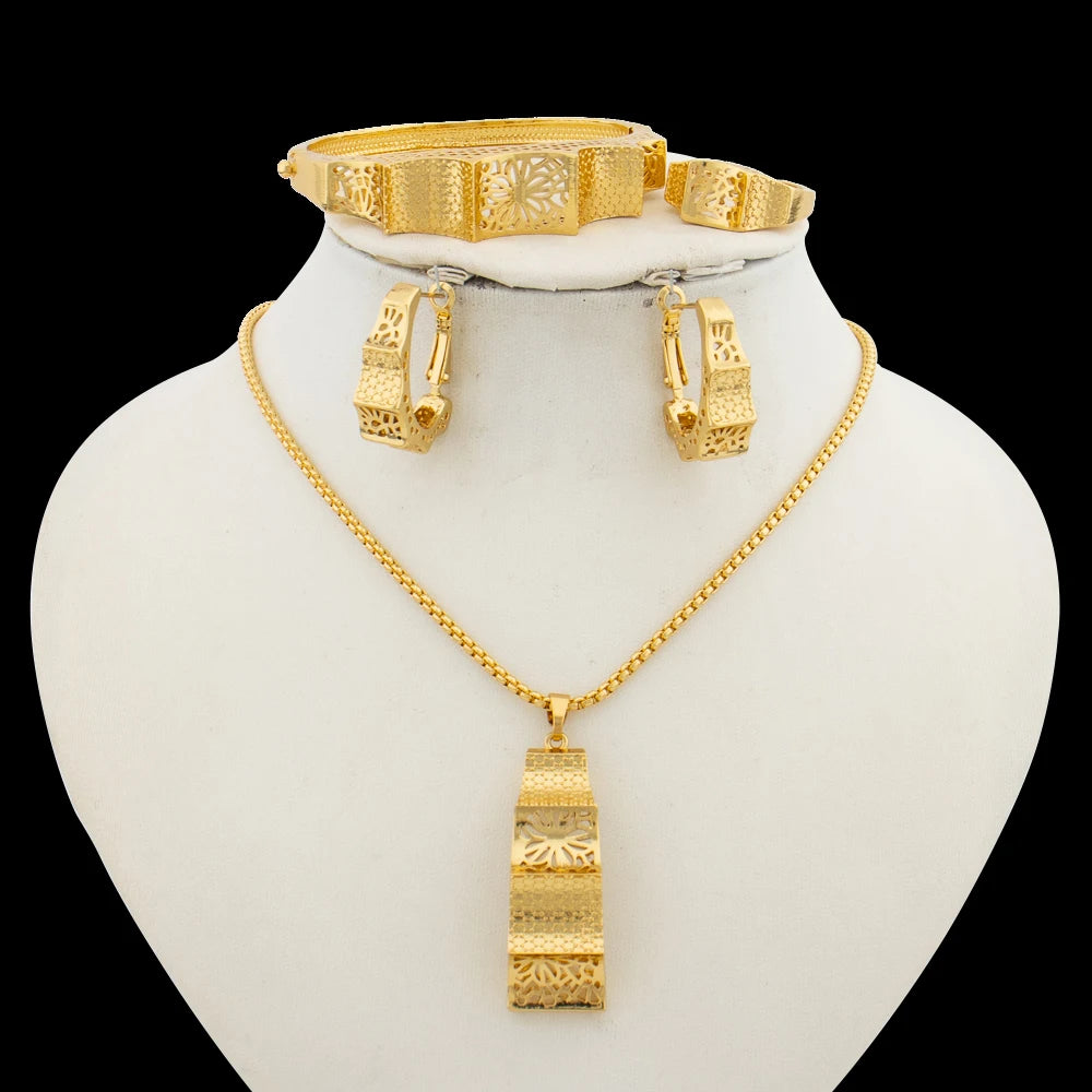 Ethiopian Color Jewelry Set for Women Hollow Out Design Copper Necklace and Earrings Bracelet Ring Set for Engagement Gifts