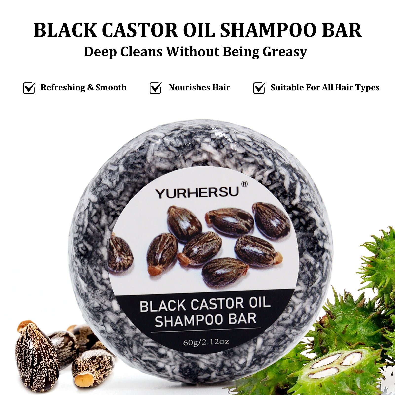 60g Black Castor Shampoo Bar 2-in-1 Shampoo and Conditioner, made with castor extract, nourishes and cares for all hair types.