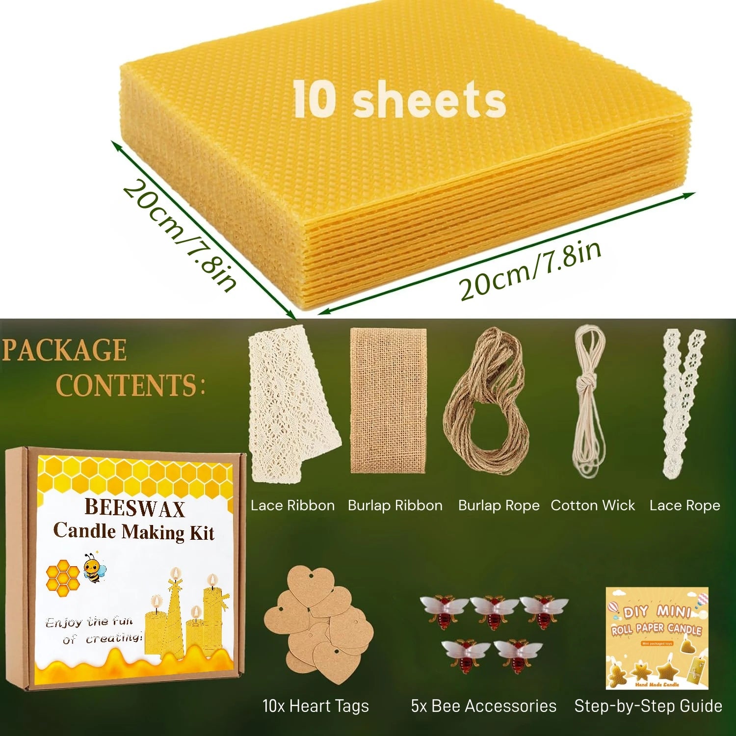 Beeswax DIY Candle Making Kit Candle Making Supplies 8in Beewax Sheets with Cotton Wick Bee Ornaments Lace Ribbon and Hemp Rope