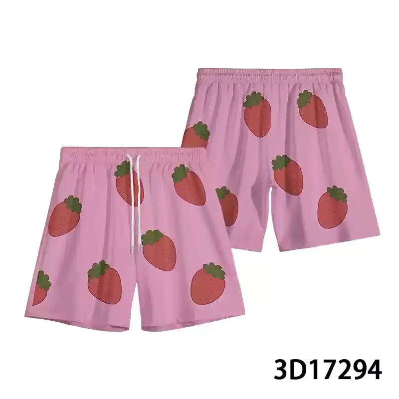 2026 Summer Loose Strawberry Shorts Mayonnaise Beach Shorts Men Swim Trunks Drawstring Waist Quick Dry Cartoon Pants Streetwear