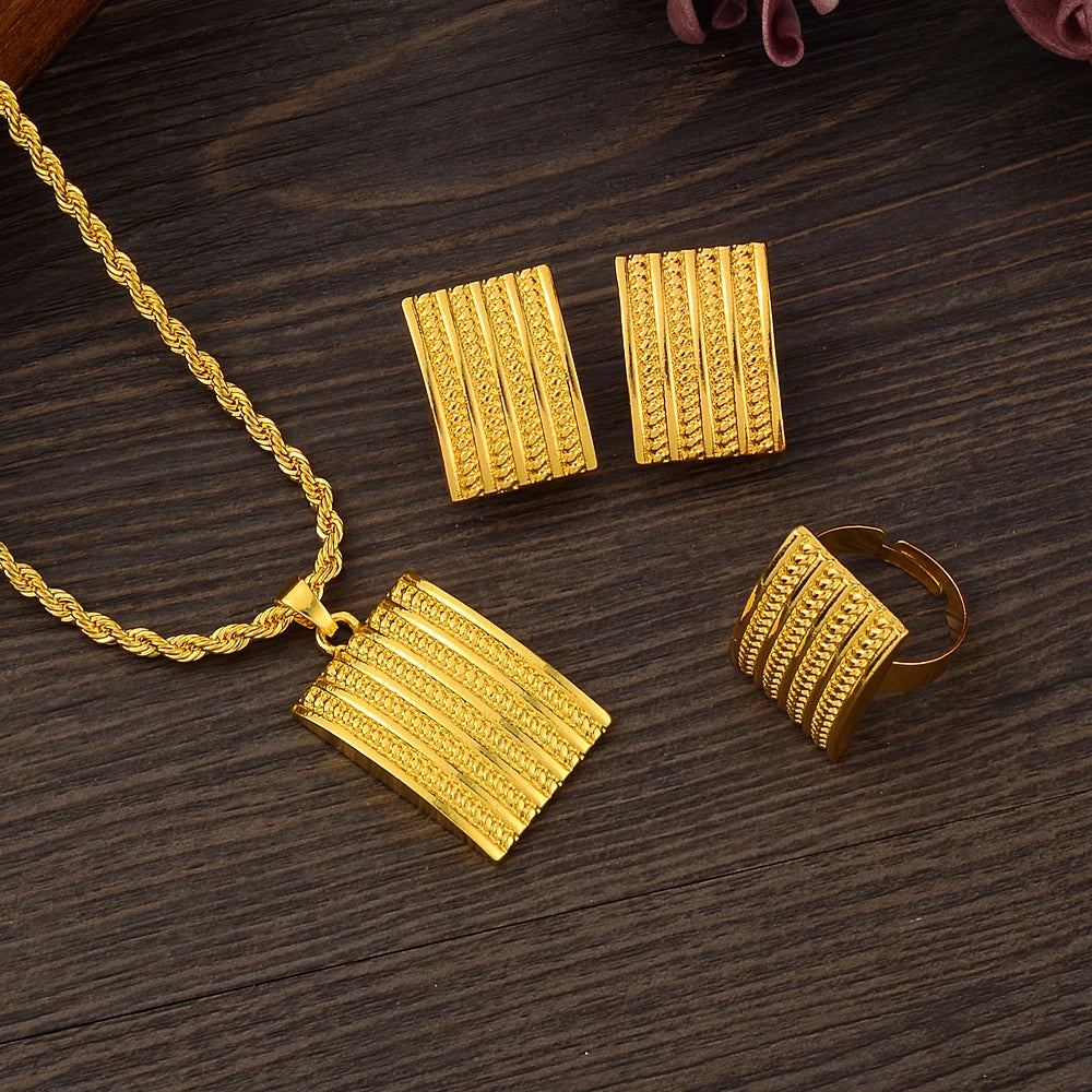 3 Styles Chain Ethiopian Jewelry Set Gold Color Eritrea Ethnic Style Habesha Pendant Earrings Ring