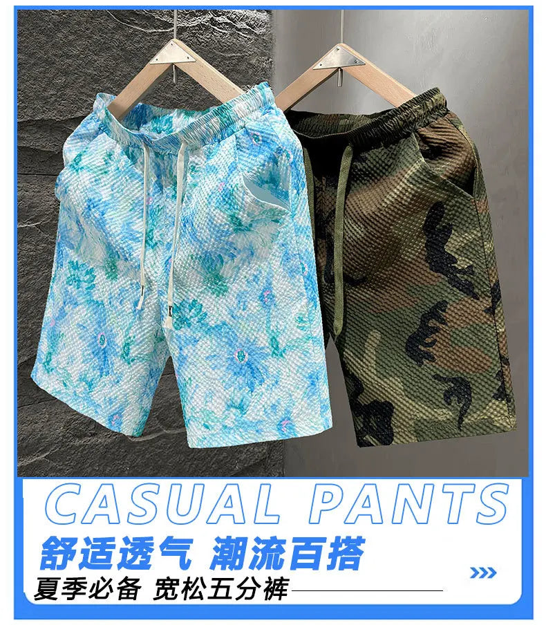 Casual Seersucker Texture Shorts Quick-Dry Breathable Straight Elastic Waist Printing Street Vacation Shorts Loose Fit Shorts