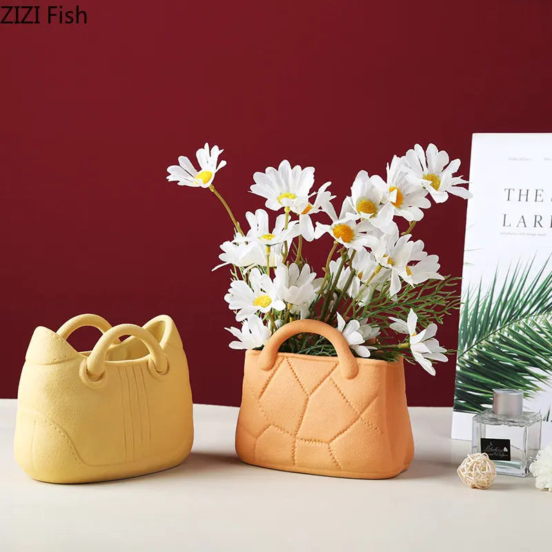 Creative Woven Handbag Vase Ceramic Flower Pots Decorative Flower Arrangement Desk Decoration Ornaments Crafts Floral Vases