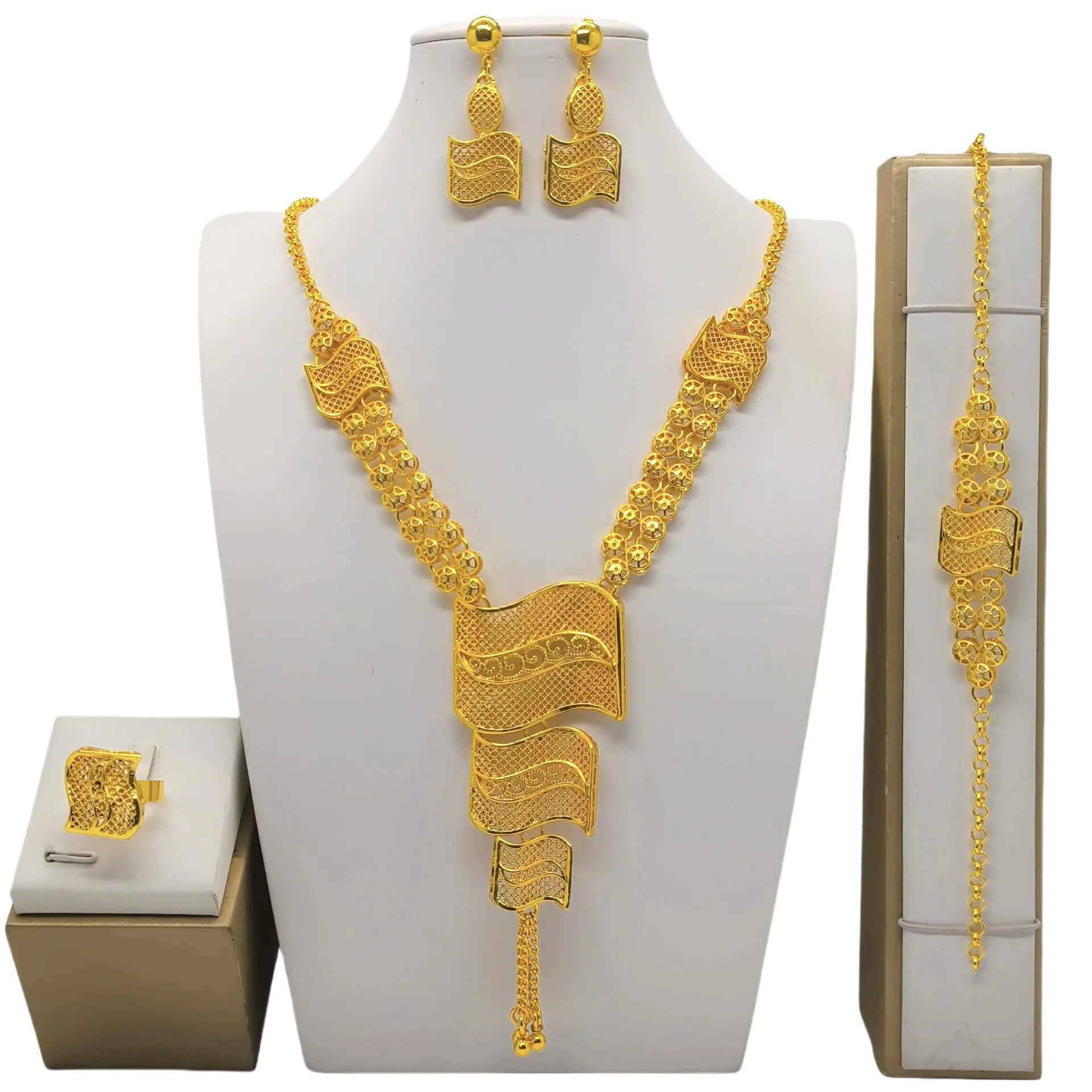 Ethiopian Gold Color Jewelry Set For Women Dubai Bridal Necklace Earring Bracelet Ring Set Moroccan African Jewellery Gift