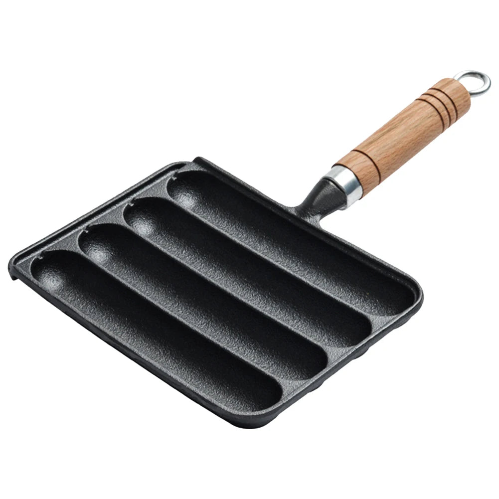 Cast Iron Pre-Seasoned Pot Non-Stick Pre-Seasoned Grilled Sausage Pot with Wooden Handle Hot Dog Mold Pan BBQ Supply Grilled Pot