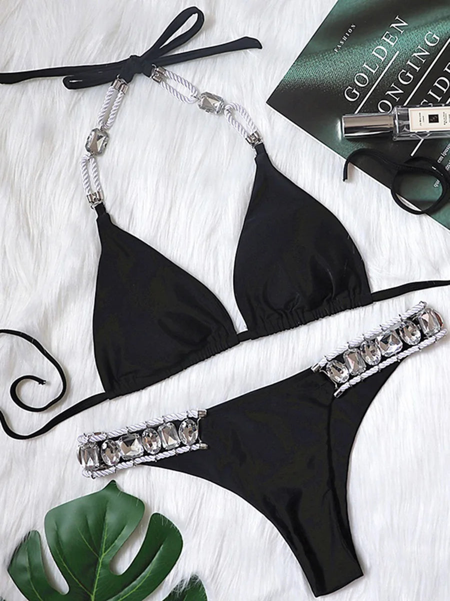 2025 Halter Shiny Crystal Diamond Bikini Women Swimsuit Female Swimwear Rhinestone Bikini Set Rhinestone Brazilian Bathing Suit