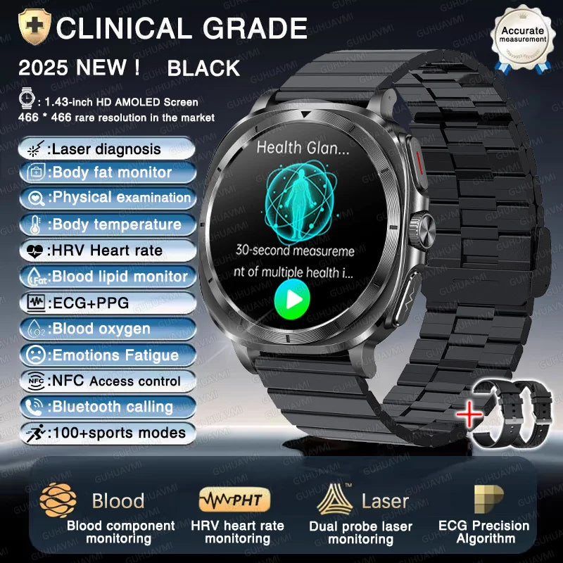 2025New ECG+PPG Laser Diagnose Blood pressure Smart Watch Men Heart Rate Uric Acid Blood fat Body analysis Health NFC Smartwatch