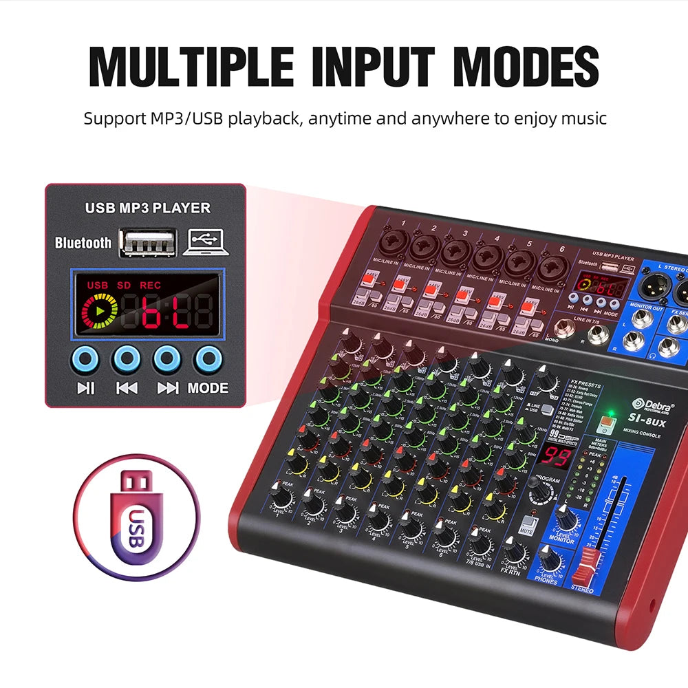 4 6 8-channel portable audio mixer, 99 DSP digital effects, Bluetooth 5.0 USB tuner for DJ consoles, karaoke, music festivals