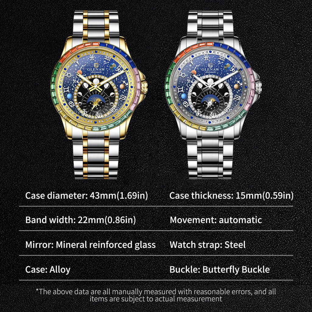 2025 New GLENAW Rainbow Circle Mechanical Watch Men Constellation dial Design Night Light Waterproof Top Luxury Mechanical Watch
