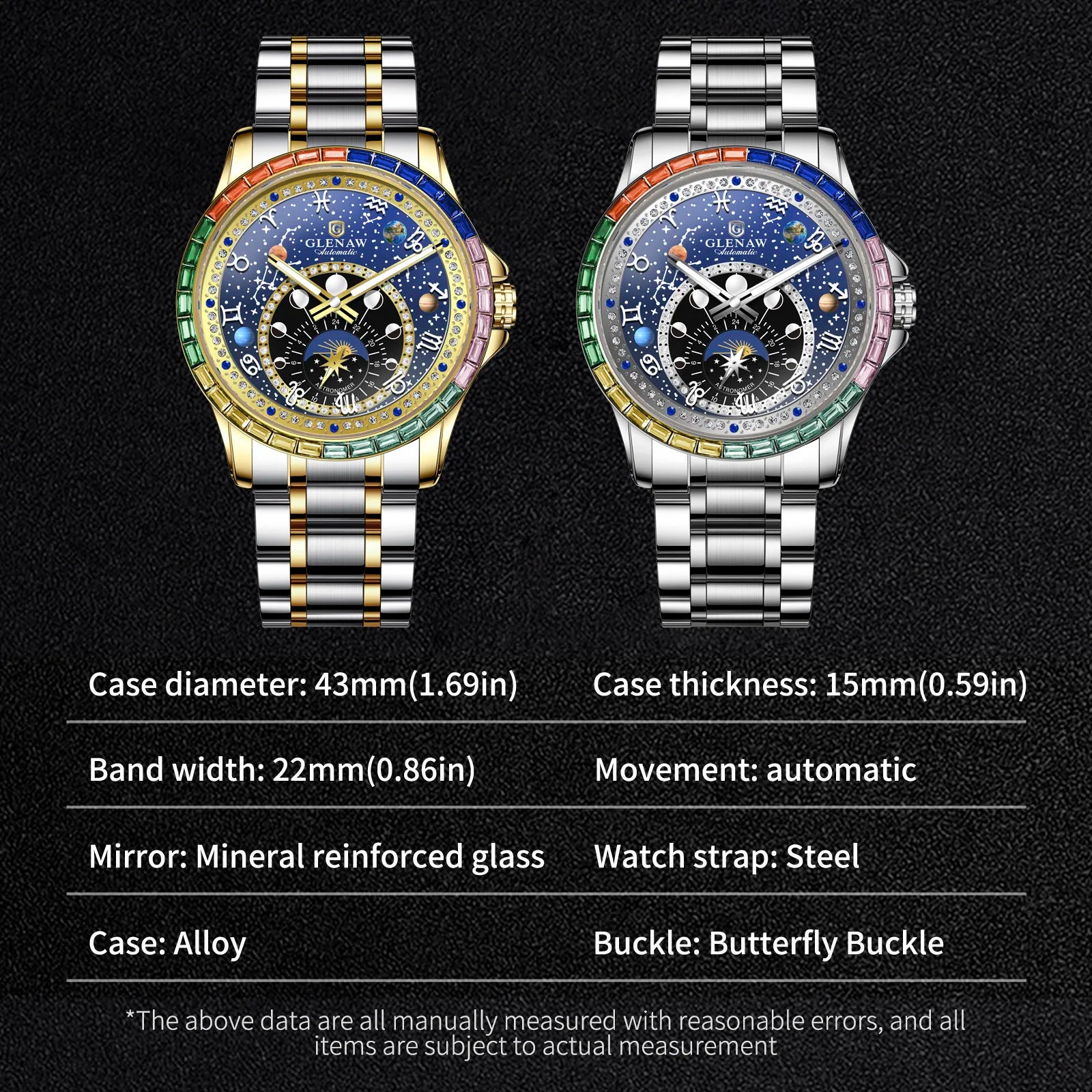 2025 New GLENAW Rainbow Circle Mechanical Watch Men Constellation dial Design Night Light Waterproof Top Luxury Mechanical Watch