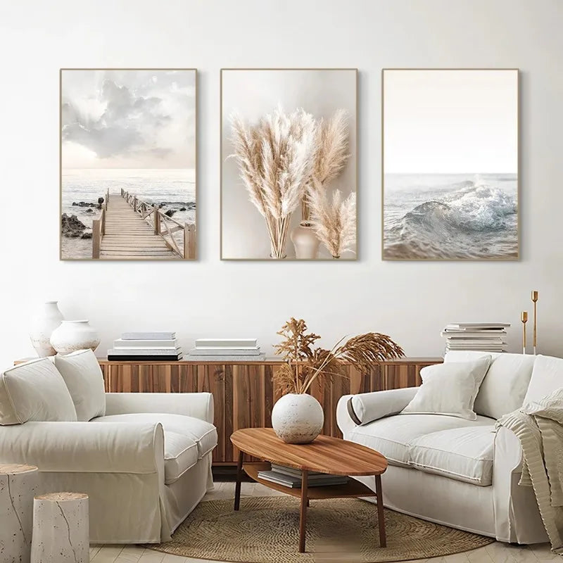 3pcs White Seascape Canvas Painting Nordic Sea Beach Pampas Botanical Grass Posters Decor Living Room Bedroom Wall Art Decor