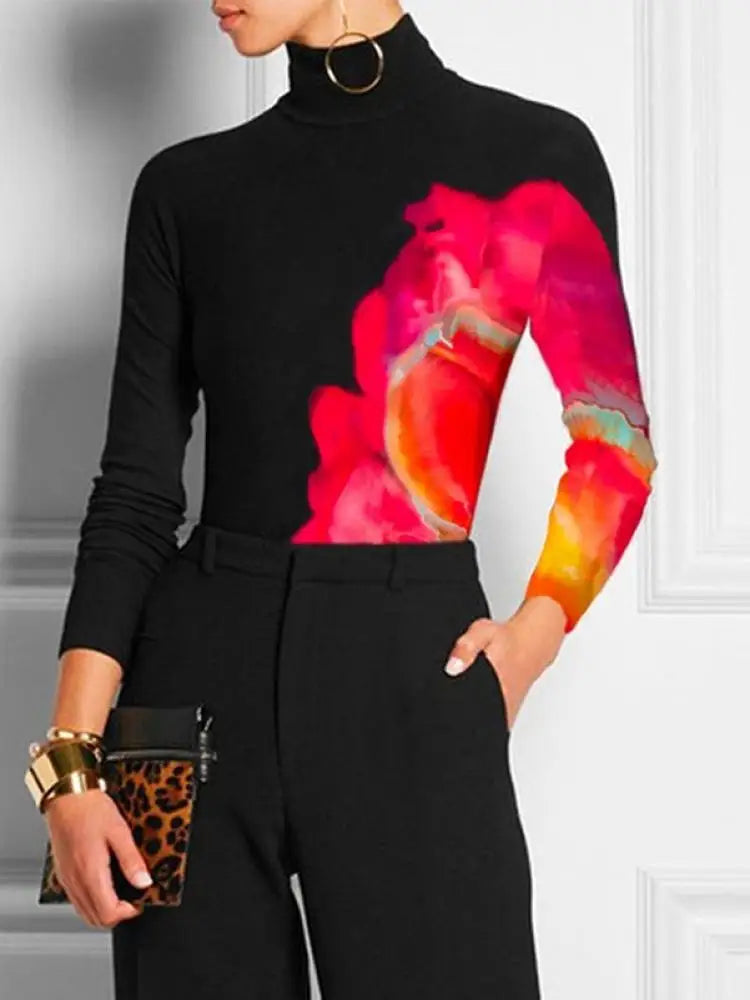 Casual Spring Women Tops Fashion Contrast Color Printed 2025 New Long Sleeve High Neck Skinny T-Shirts For Office Lady