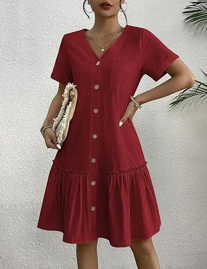 Casual Cotton Linen Summer Mini Dress For Women V-Neck Ruffles Short Sleeve Short Dress Ladies Fashion Loose Button Dresses