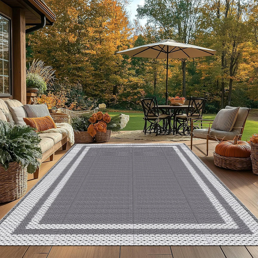 6' x 9' Outdoor Mat with Ground Pegs - Durable PP Material, Gray and White Grid Pattern, Perfect for Patio, Camping and Outdoor