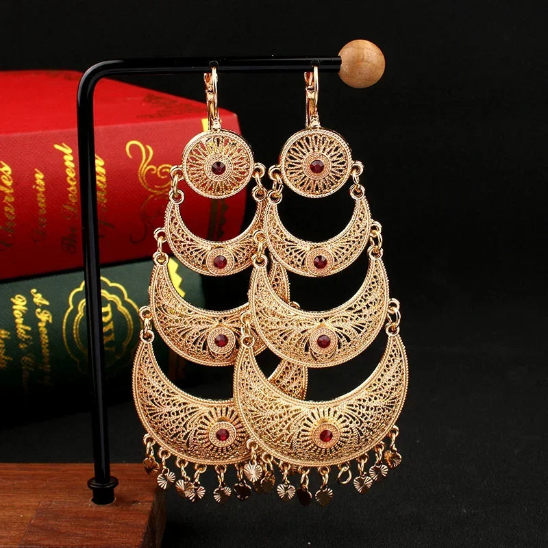 Arab Muslim Wedding Jewelry Gold Plated Pendant Earrings Crystal Moon Shape Ethiopian Turkish Bridal Gift Fashion Accessories