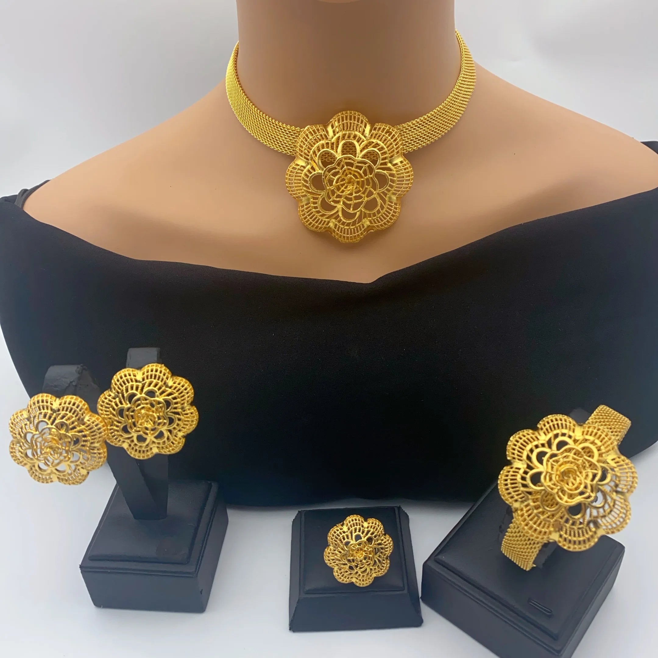 Ethiopian 24k Gold Color Charm Necklace Earrings Set For Lady Africa Big Pendant Choker Jewelry Wedding Party Accessories