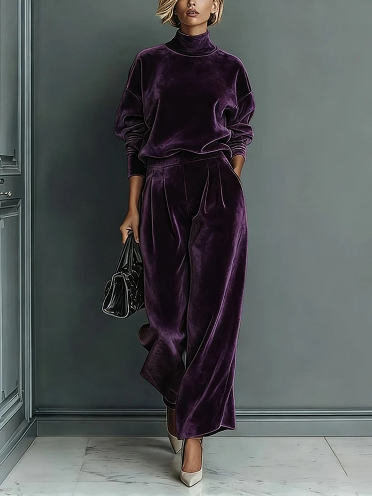 2026 Women Casual Warm Sportswear Set Velvet Long-sleeved Solid Color High-neck Wide-leg Pants Fashion Spring Autumn New Style