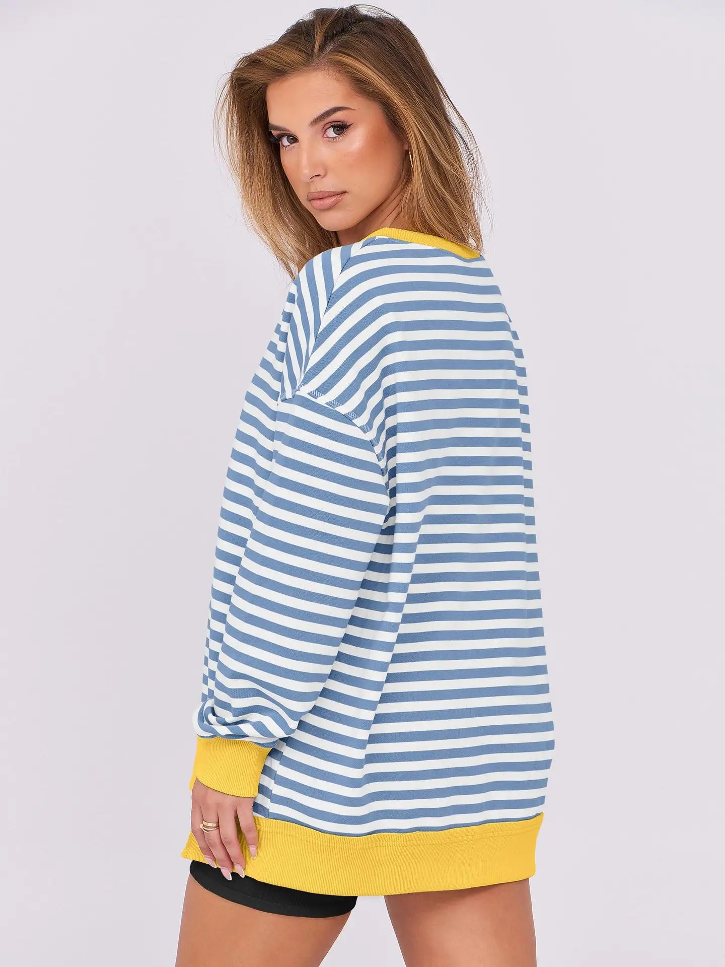 2026 Spring Sweatshirts Women Sweatshirt Tops V Neck Full Sleeve Y2k Streetwear Work Casual Loose Elegant Striped Top Autumn