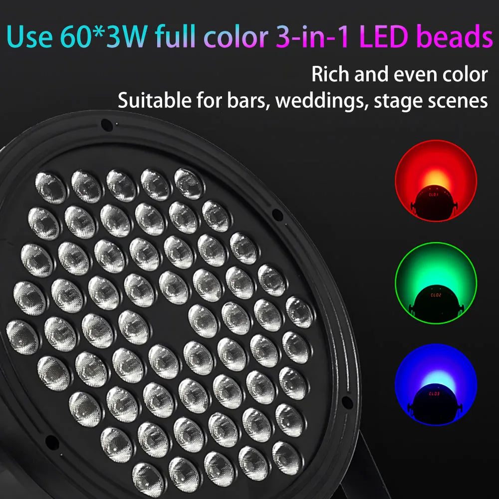 3 in 1 LED Par Light 60x3W RGB Full Color for Dance Studio Club Disco Show Lighting DMX512 Control Stage Flat Light party lights