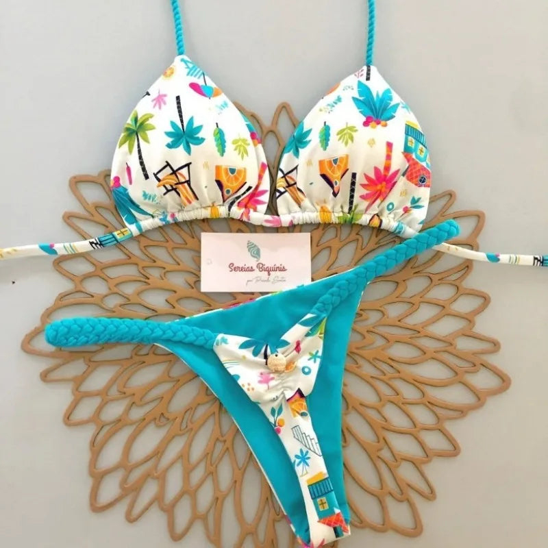 2026 New Bikinis Women Swimsuit Sexy Swimwear Halter Bikini Set Lace-up Biquine Brasileiro Thong Print Beachwear Party Wear