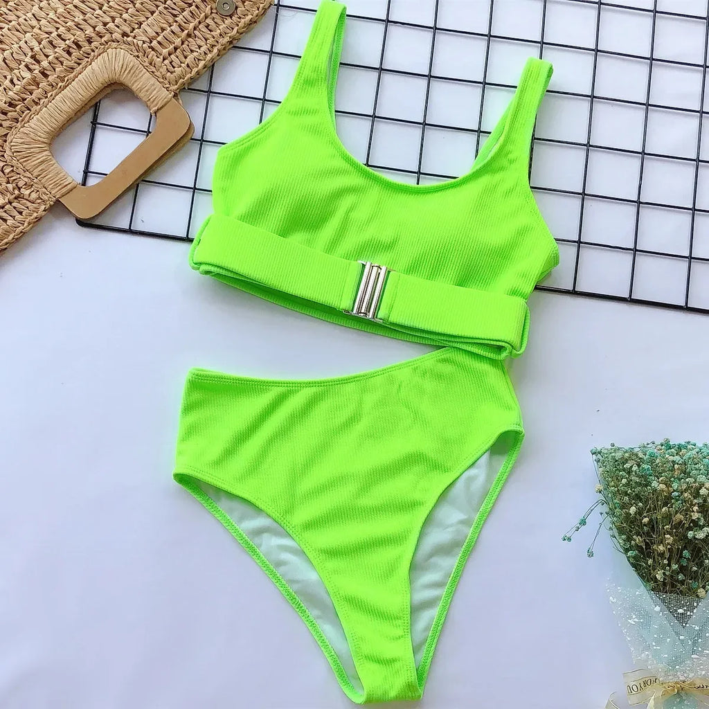 2025 Sexy Neon Green Bikini Set Women Push Up Buckle Push Up Swimsuit Summer Solid White Bathing Suit Beach High Waist Swimwear
