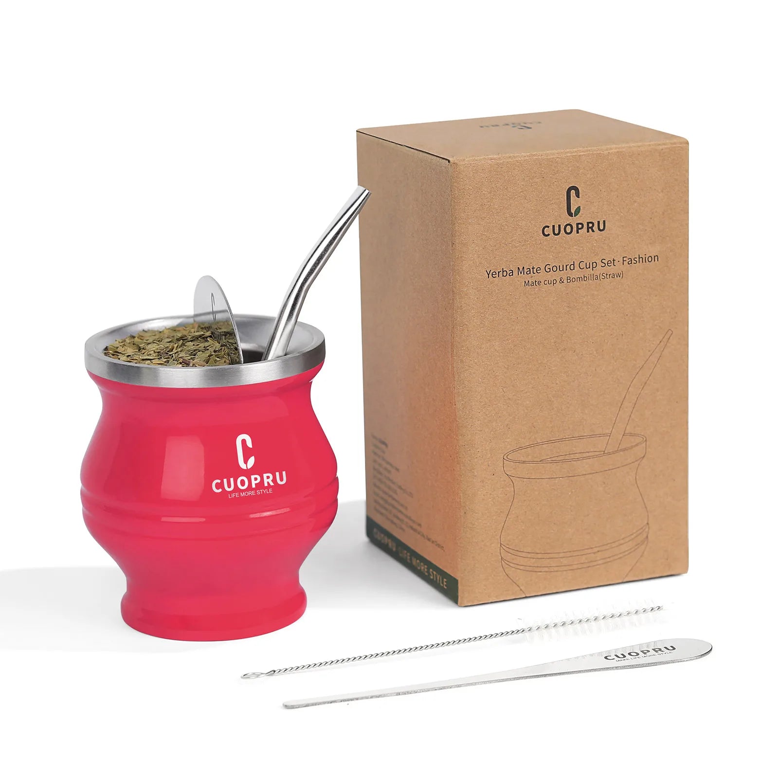 5 in 1 Yerba Mate Cup Set, Include CUOPRU Double Walled StainlMate Gourd, Tea Separator set, Bombillas(Straw) and Cleaning Brush