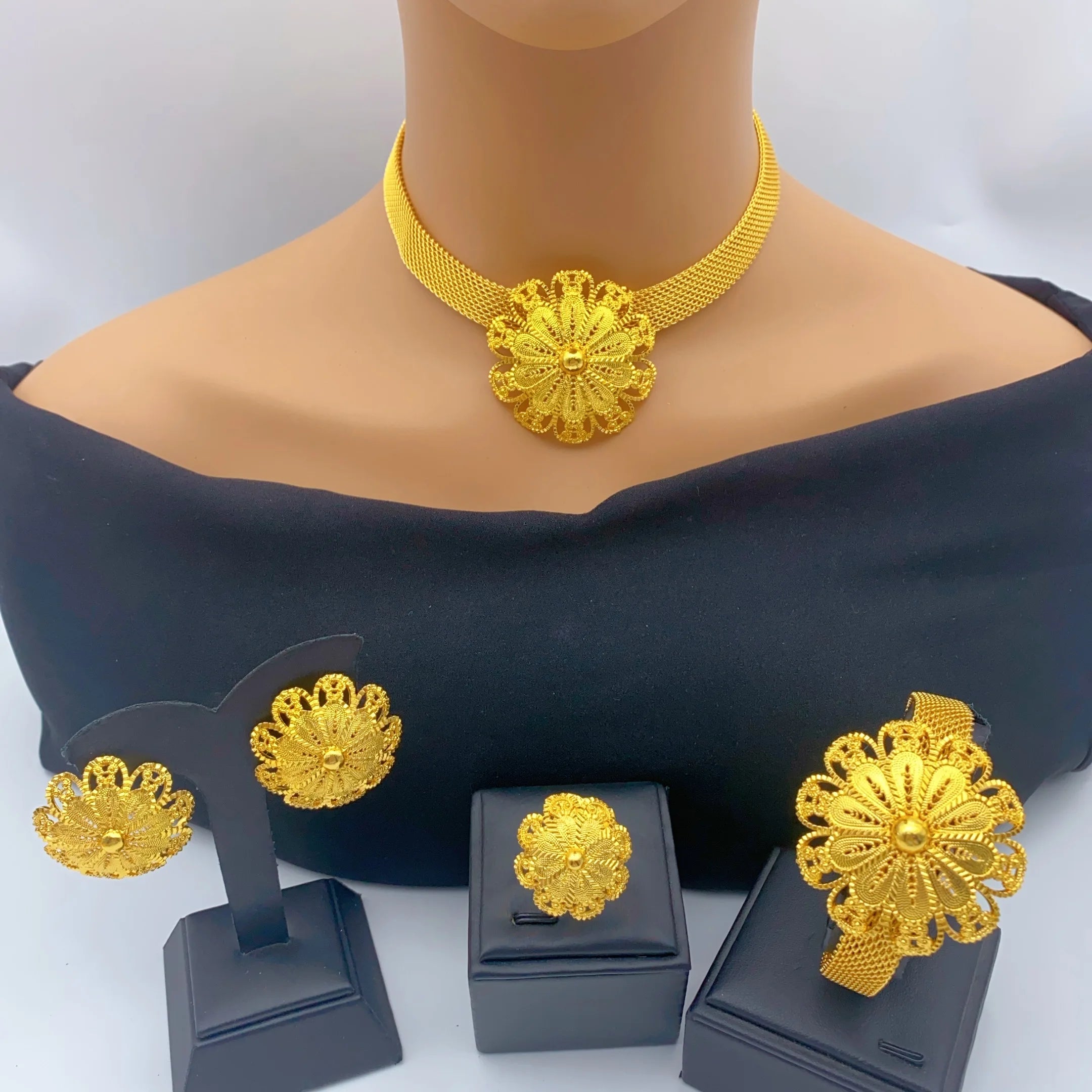 Ethiopian 24k Gold Color Charm Necklace Earrings Set For Lady Africa Big Pendant Choker Jewelry Wedding Party Accessories