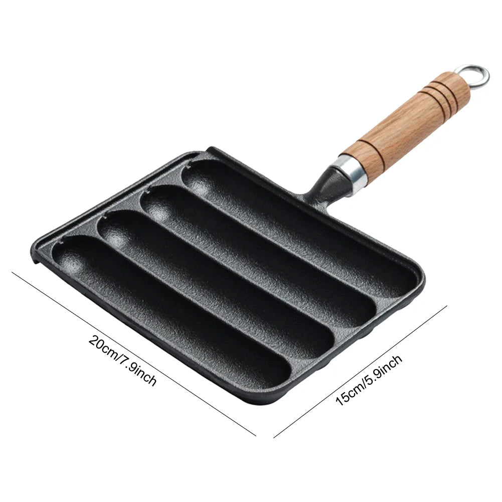 Cast Iron Pre-Seasoned Pot Non-Stick Pre-Seasoned Grilled Sausage Pot with Wooden Handle Hot Dog Mold Pan BBQ Supply Grilled Pot