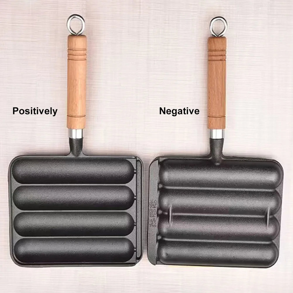Cast Iron Pre-Seasoned Pot Non-Stick Pre-Seasoned Grilled Sausage Pot with Wooden Handle Hot Dog Mold Pan BBQ Supply Grilled Pot