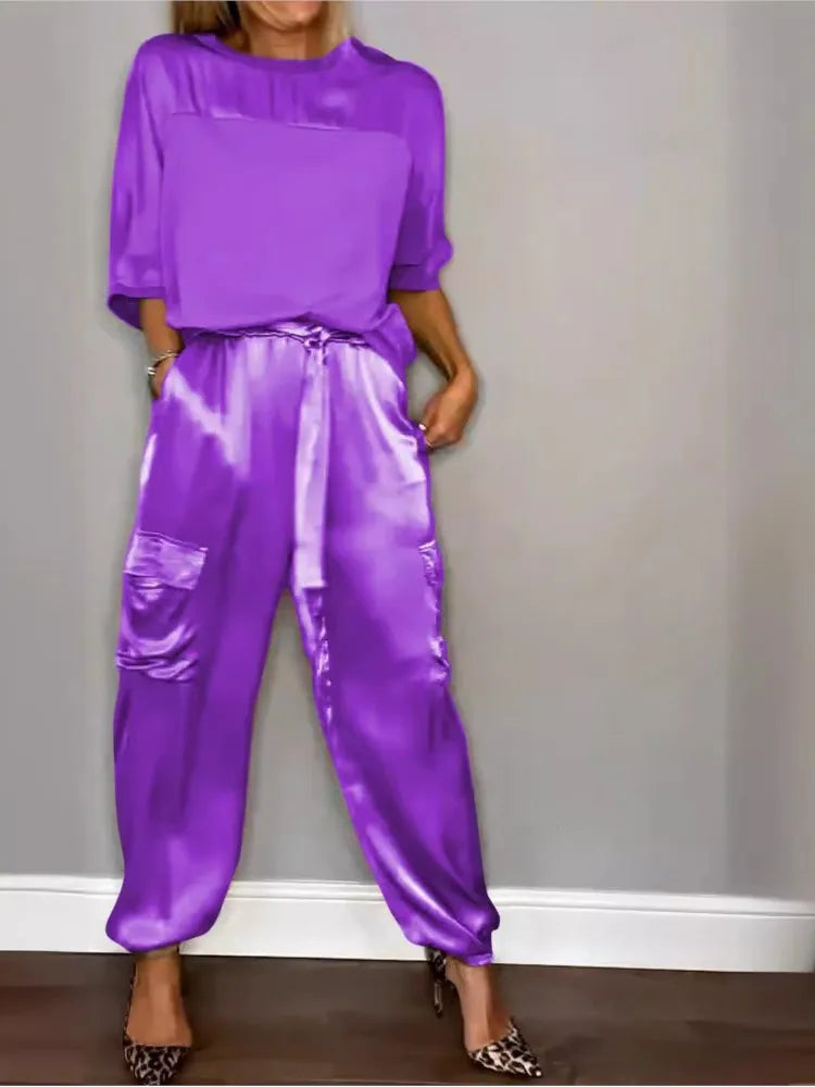 2024 Spring Women's New Fashionable Smooth Satin Half Sleeve Top With Strap Pants Pocket Set Half Sleeve Pants Two Piece Set