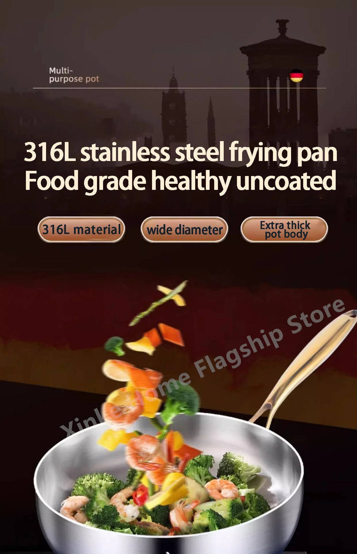 316 Stainless Steel Frying Pan Deepened Uncoated Wok NonStick Skillets Gas Stove Induction Cooker Universal Kitchen Cookware Pan