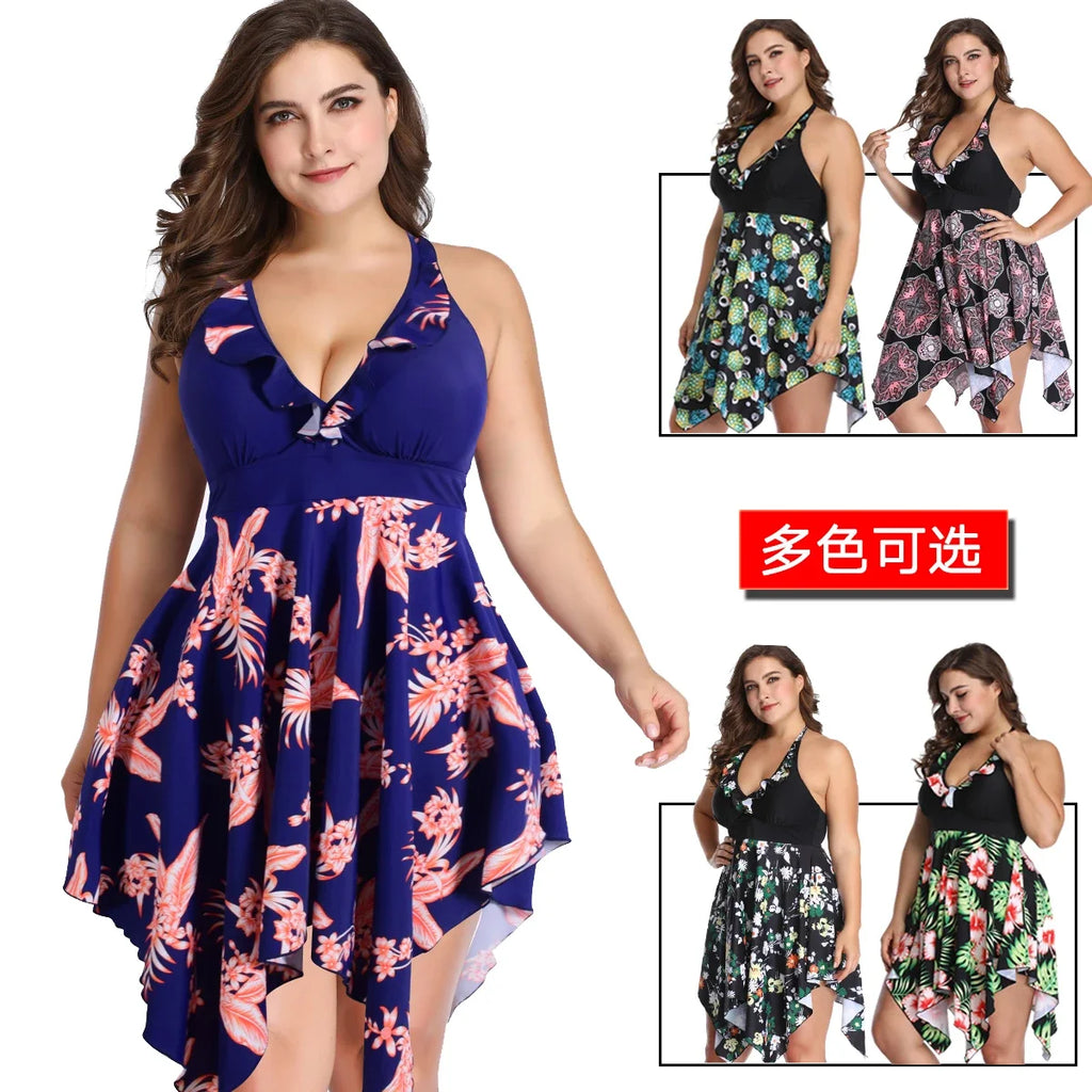 Bikini 2025 Summer Plus Size Swimsuit Female Split Lace Print Slim Fit Bag Hip Sexy Mesh Skirt Style Ladies Swimwear Beachwear