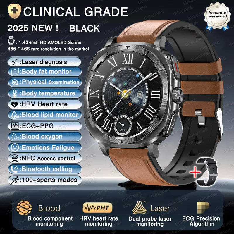 2025New ECG+PPG Laser Diagnose Blood pressure Smart Watch Men Heart Rate Uric Acid Blood fat Body analysis Health NFC Smartwatch