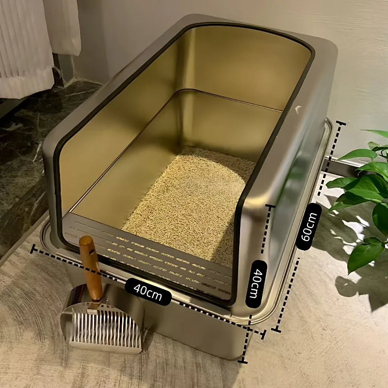 Extra-Large 60cm Cat Litter Box Stainless Steel Cat Poop Tray Raised Fence Cat Toilet Odor-Proof Anti-Splash Pet Litter Box