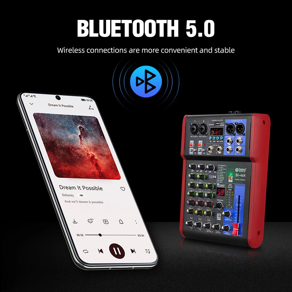 4 6 8-channel portable audio mixer, 99 DSP digital effects, Bluetooth 5.0 USB tuner for DJ consoles, karaoke, music festivals