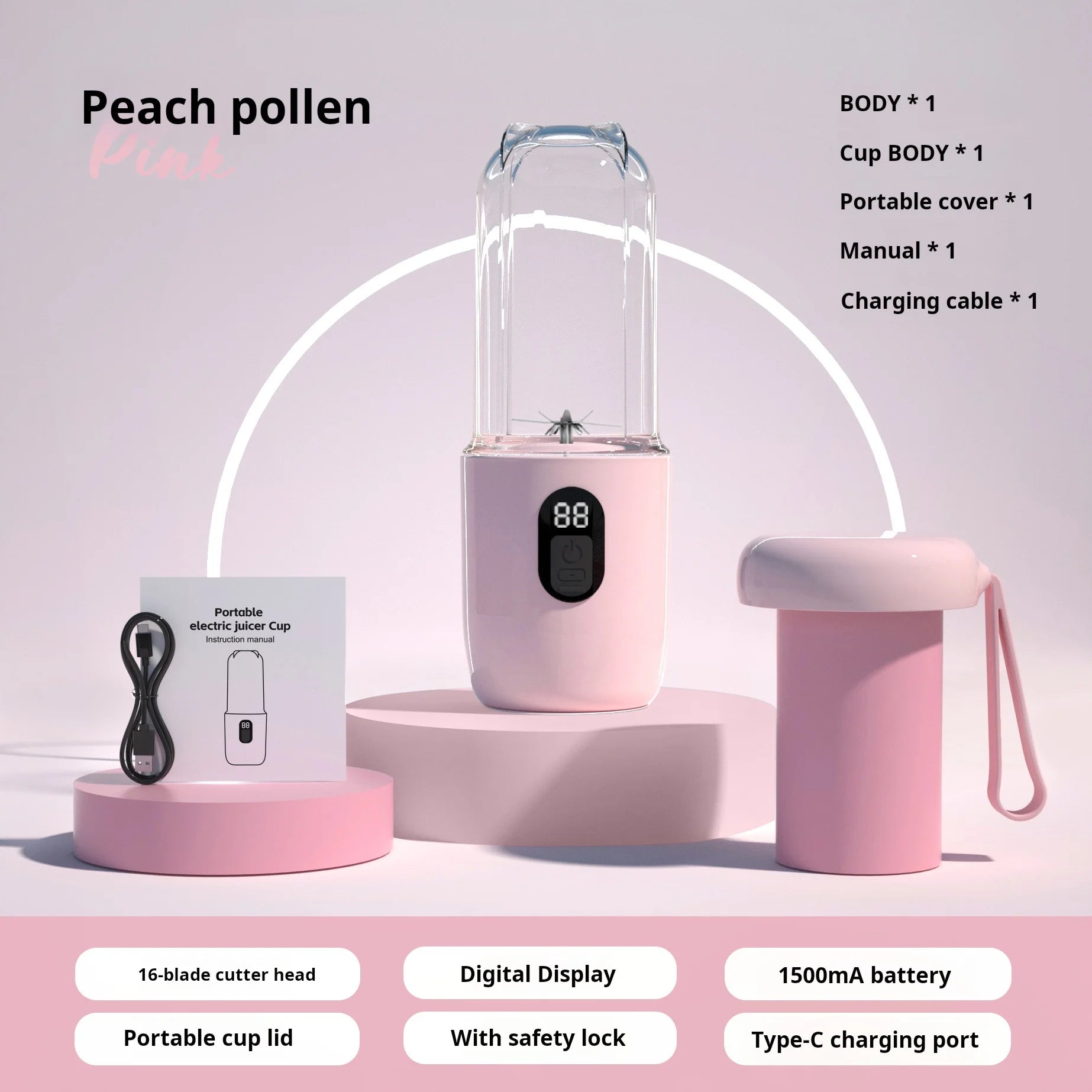 500ML Portable Blender with Lid Rechargeable Wireless Orange Juicer 16 Stainless Blades USB Smoothie Vegetables Fruits Mixer