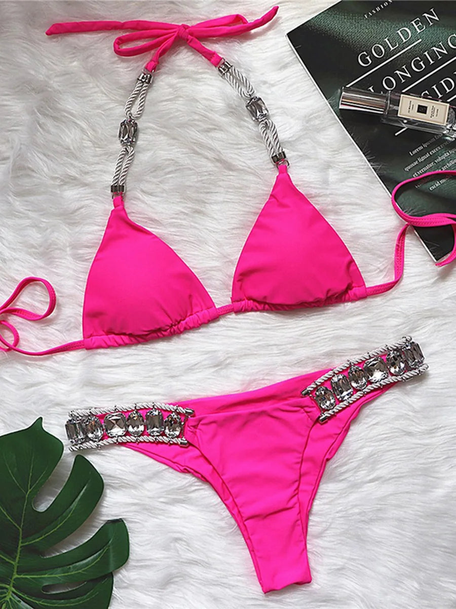 2025 Halter Shiny Crystal Diamond Bikini Women Swimsuit Female Swimwear Rhinestone Bikini Set Rhinestone Brazilian Bathing Suit