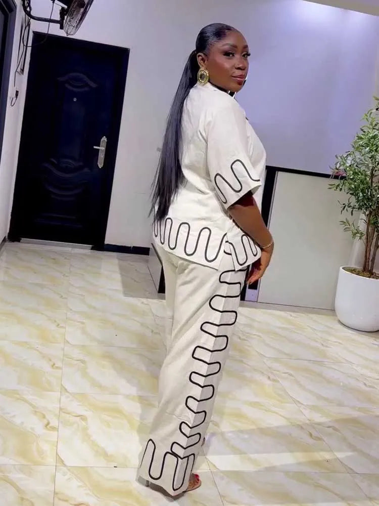 2 Pieces Set for Woman Summer Short Sleeve White Top and Loose Straight Trouser Casual Streetwear Shirt and Pants Set Outfit