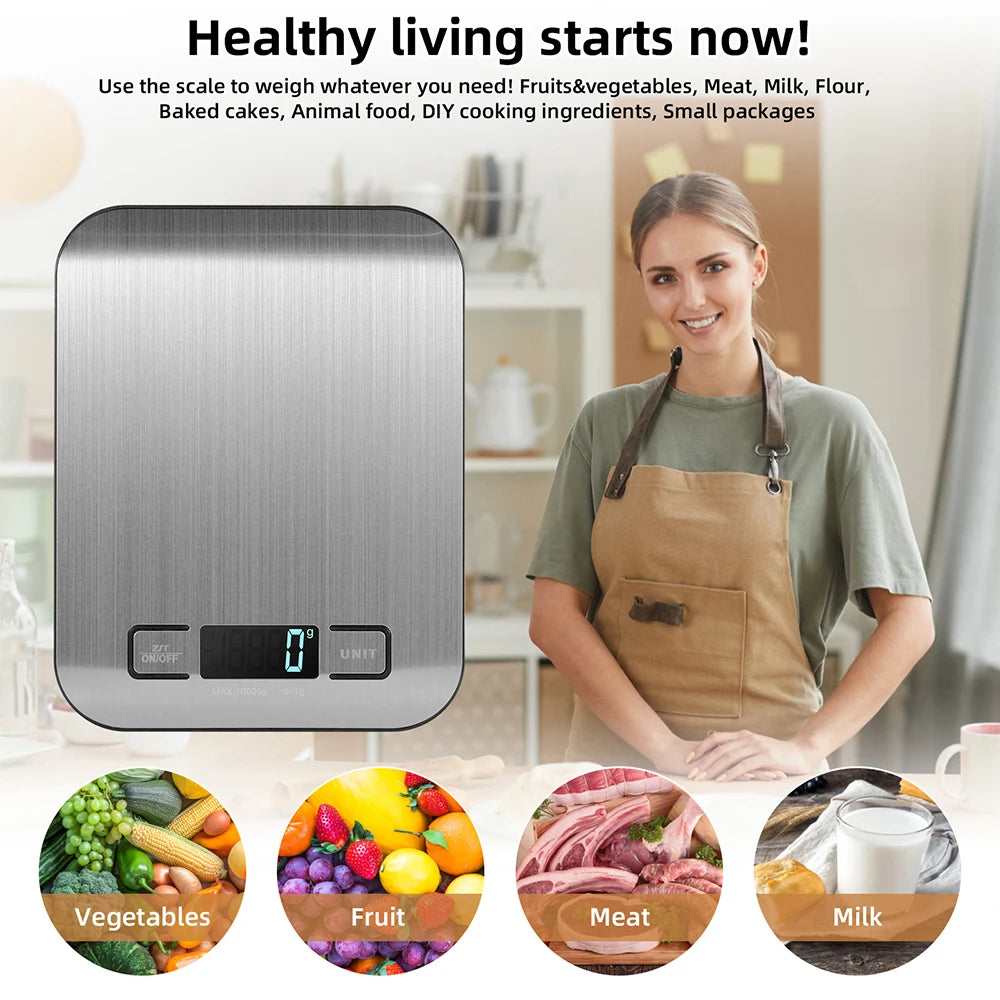 Digital Kitchen Scale LED Display 10kg/1g Stainless Steel Panel Electronic Scales Home Jewelry Food Snacks Weighing Baking Tools