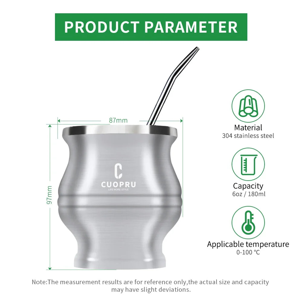 5 in 1 Yerba Mate Cup Set, Include CUOPRU Double Walled StainlMate Gourd, Tea Separator set, Bombillas(Straw) and Cleaning Brush