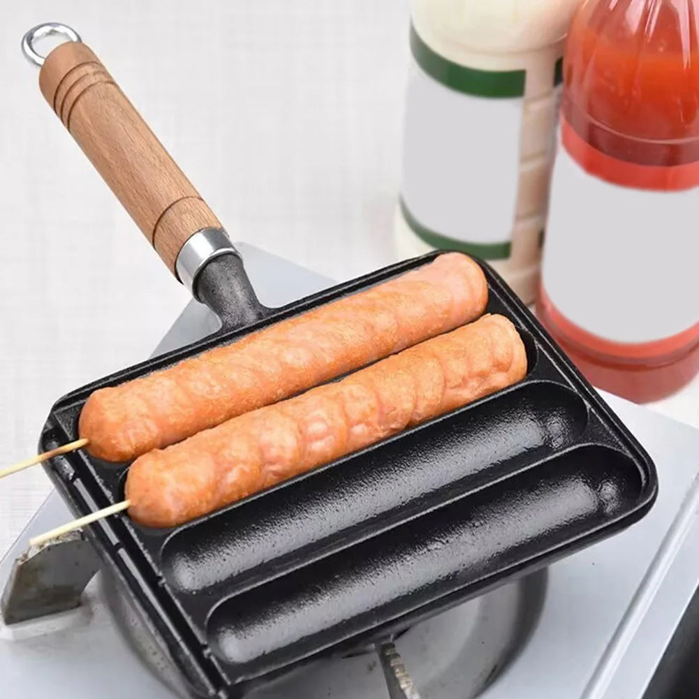 Cast Iron Pre-Seasoned Pot Non-Stick Pre-Seasoned Grilled Sausage Pot with Wooden Handle Hot Dog Mold Pan BBQ Supply Grilled Pot