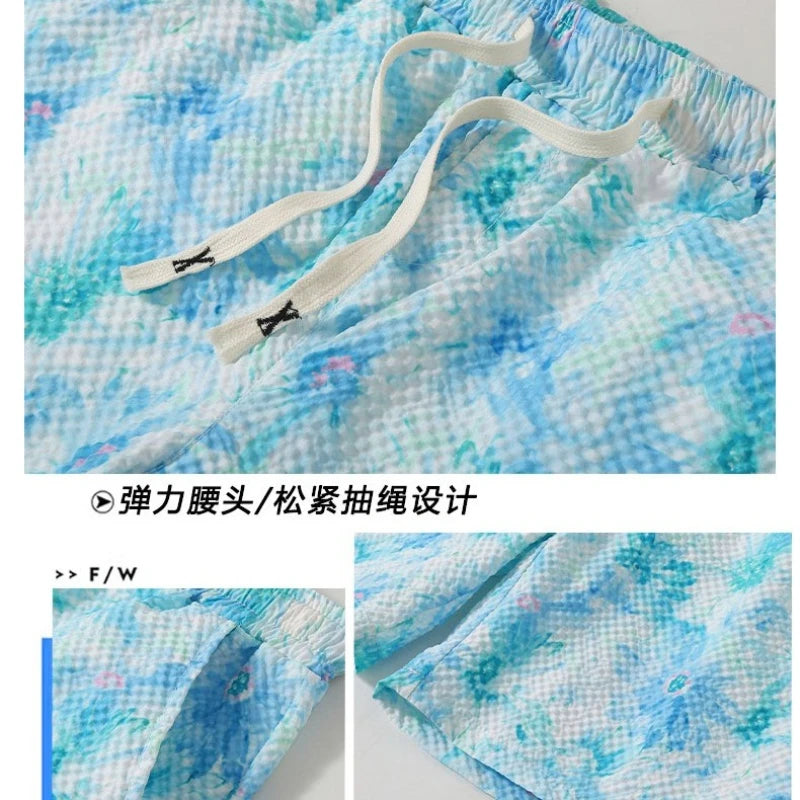 Casual Seersucker Texture Shorts Quick-Dry Breathable Straight Elastic Waist Printing Street Vacation Shorts Loose Fit Shorts