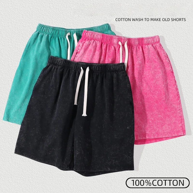 2026 New Distressed Summer Shorts Men 320G Heavy Cotton Drawstring Harajuku Loose Sweatshorts Male Casual Short Pant Streetwear