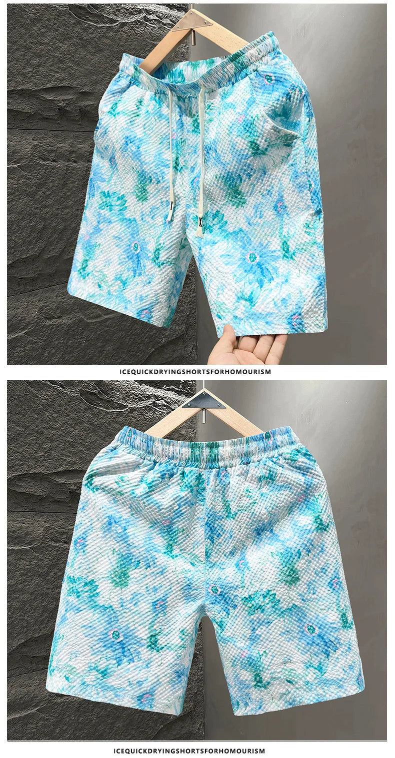 Casual Seersucker Texture Shorts Quick-Dry Breathable Straight Elastic Waist Printing Street Vacation Shorts Loose Fit Shorts